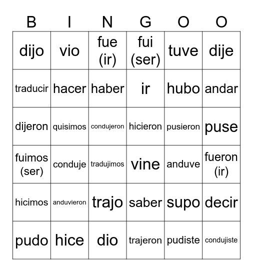 SEN 2 - Irregular Preterite Bingo Card