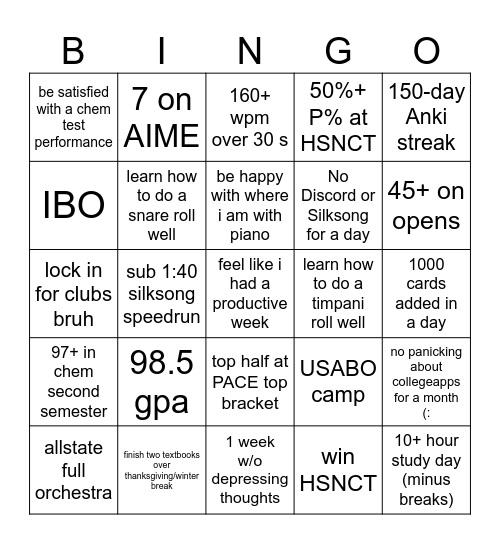 sophomore bingo Card