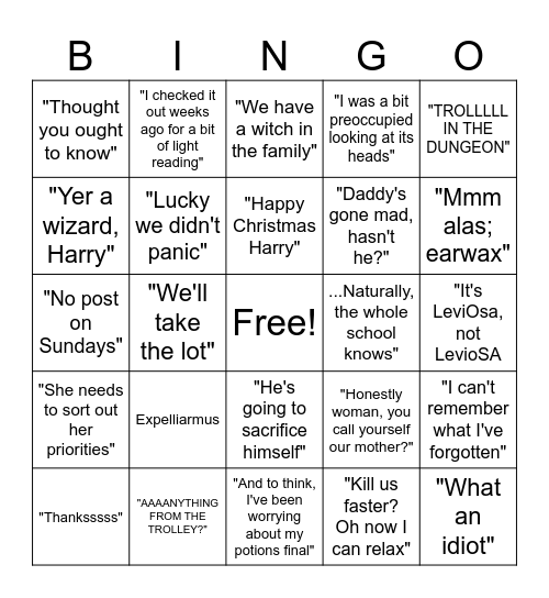 Harry Potter & The Sorcerer's Stone Bingo Card