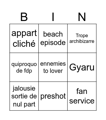 Romance Anime Bingo Card