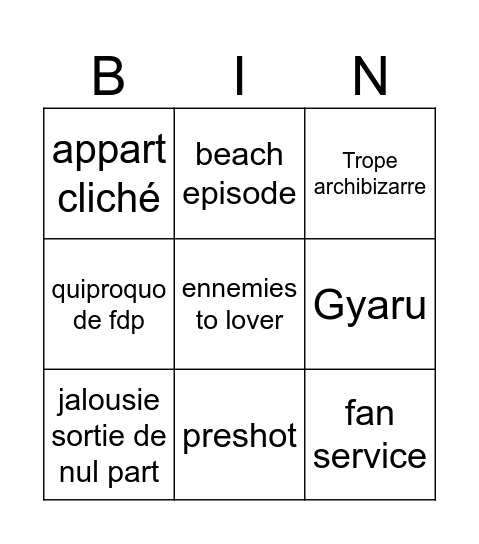 Romance Anime Bingo Card