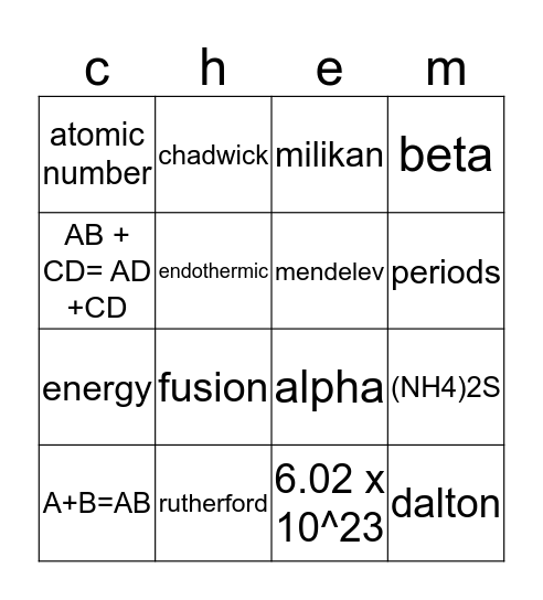 chemsitry! Bingo Card