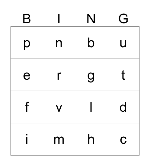 lowercase letters Bingo Card