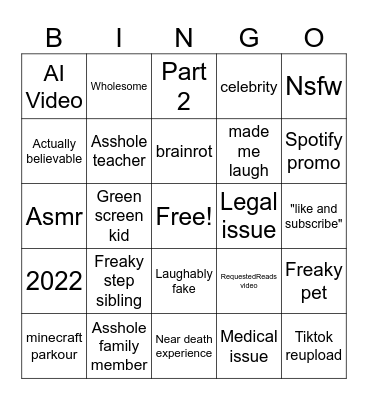 Reddit story Bingo Card
