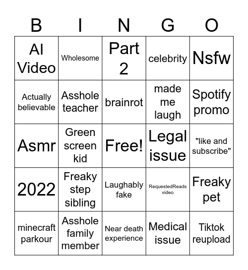 Reddit story Bingo Card
