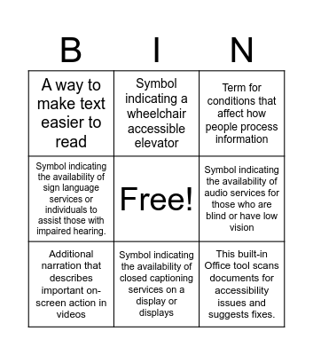 Accessibility Bingo Card