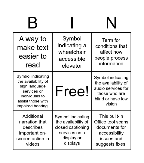 Accessibility Bingo Card