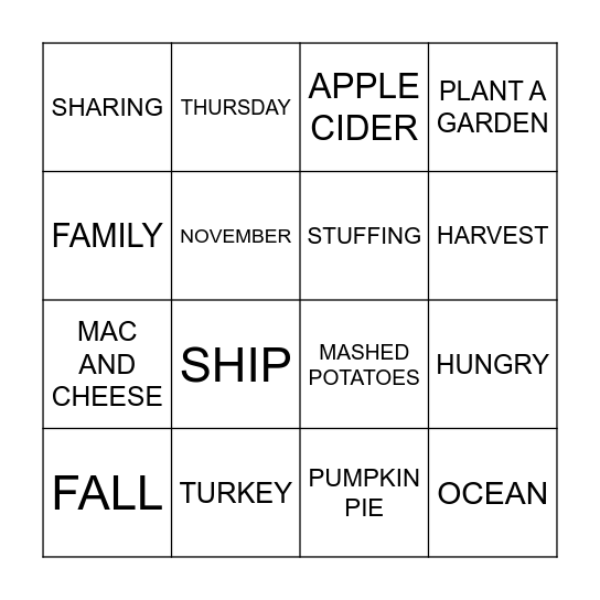 THANKSGIVING Bingo Card