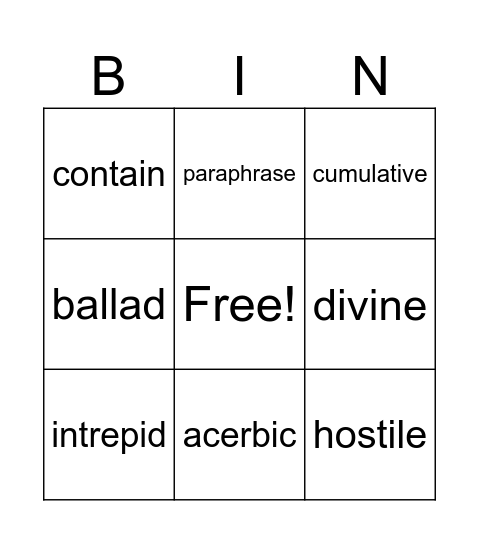 Vocabulary Nov. 17-23 Bingo Card