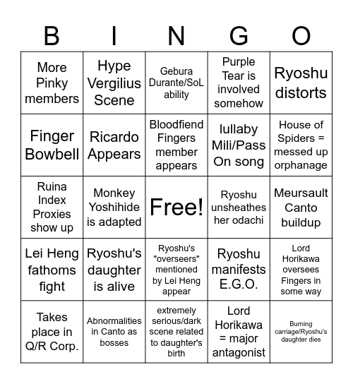 Canto 9 BINGO Card