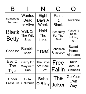 Classic Rock Hits Bingo Card