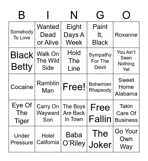 Classic Rock Hits Bingo Card