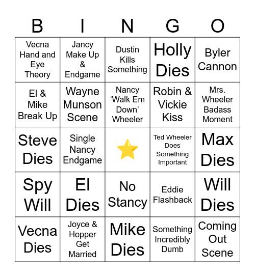 Stranger Things Season 5 Bingo Card