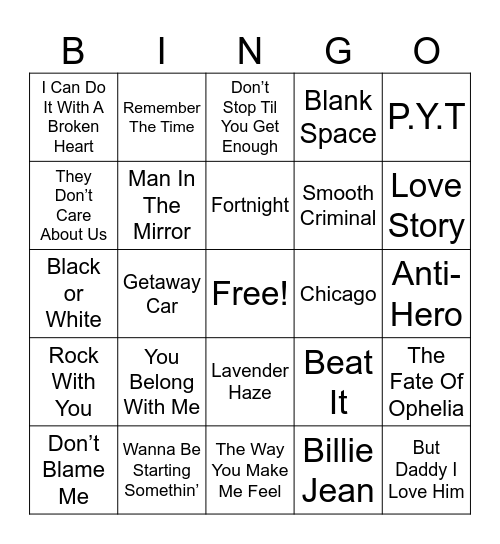 Michael Jackson & Taylor Swift Bingo Card