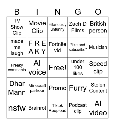 Shorts bingo Card