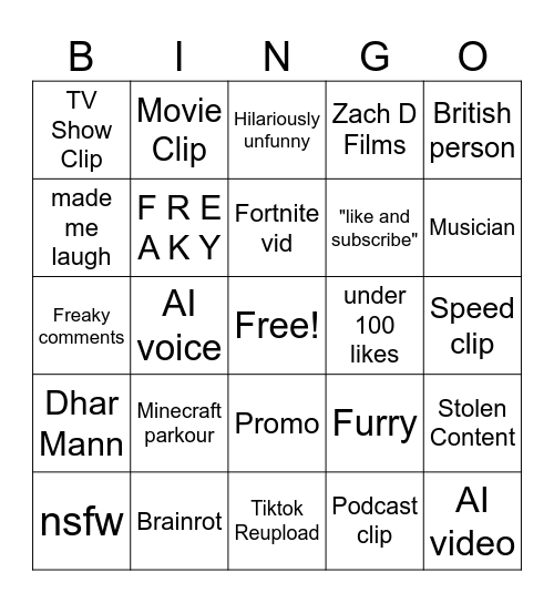 Shorts bingo Card