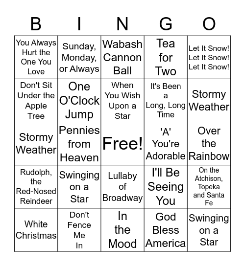 Songs from Yesterday Bingo Card