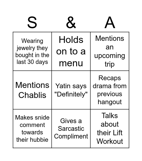 S&A Bingo Card