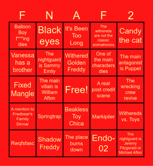 Five Nights at Freddy's 2 Bingo Card
