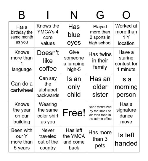 YMCA Human Bingo Card