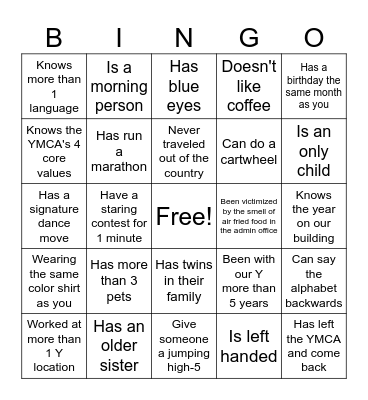 YMCA Human Bingo Card