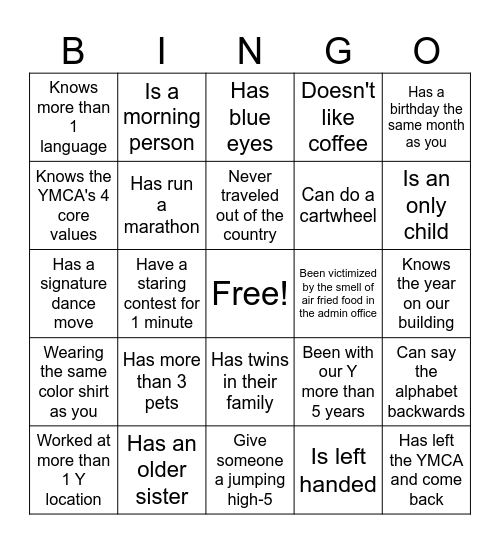 YMCA Human Bingo Card