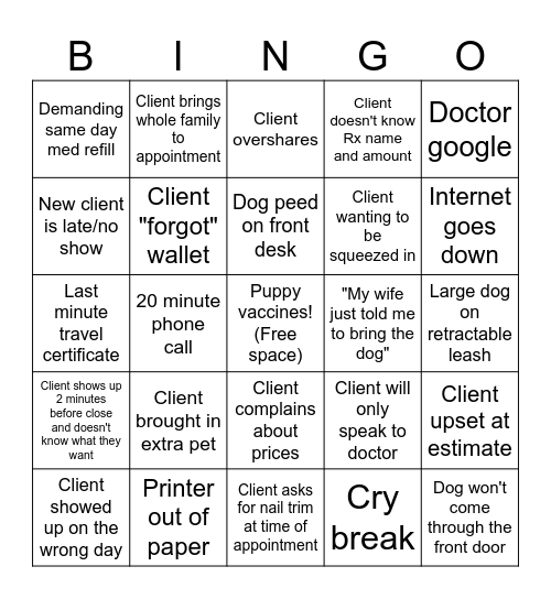 Vet Receptionist Bingo Card
