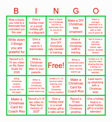 AQUALASERS SWIM CLUB CHRISTMAS Bingo Card