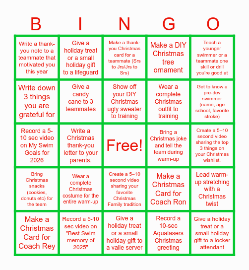 AQUALASERS SWIM CLUB CHRISTMAS Bingo Card