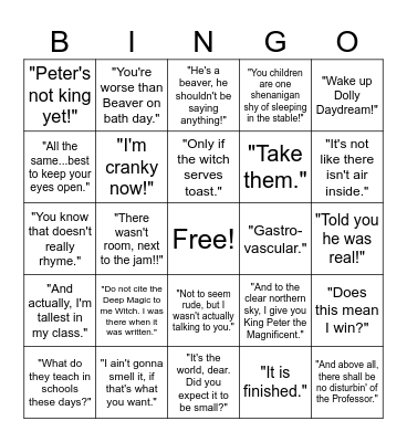 Narnia: Lion, the Witch, and the Wardrobe Bingo Card