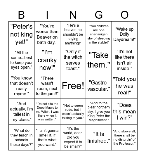 Narnia: Lion, the Witch, and the Wardrobe Bingo Card