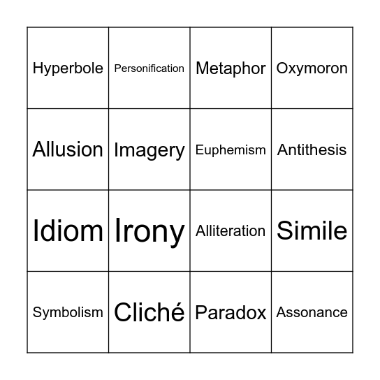 Figurative Language - Lyrics Edition Bingo Card