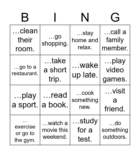 Weekend Plans Bingo Card