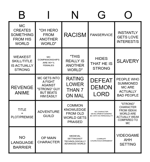 ISEKAI/FANTASY Bingo Card