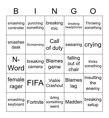 Gamer Rage BINGO Card