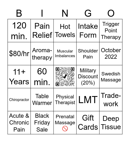 Connective Balance Therapeutic Massage Bingo Card