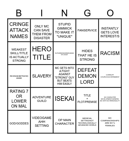 FANTASY/ISEKAI Bingo Card