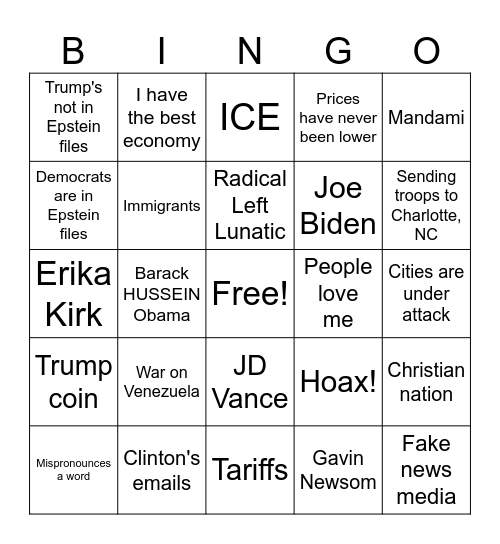 Friday Night Trump Bingo Card