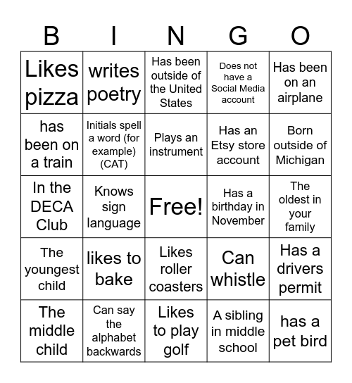 Get to Know you Bingo Card
