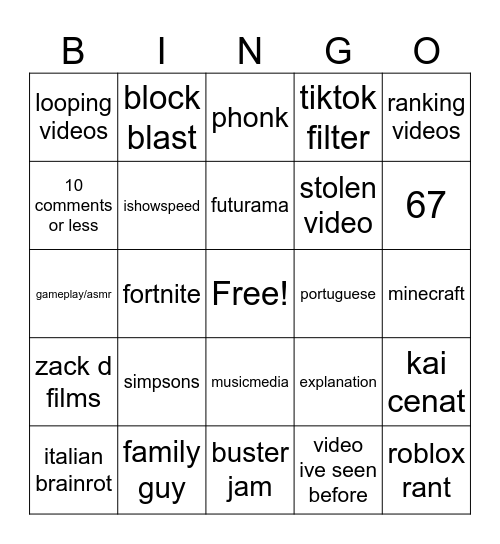 yt shorts Bingo Card