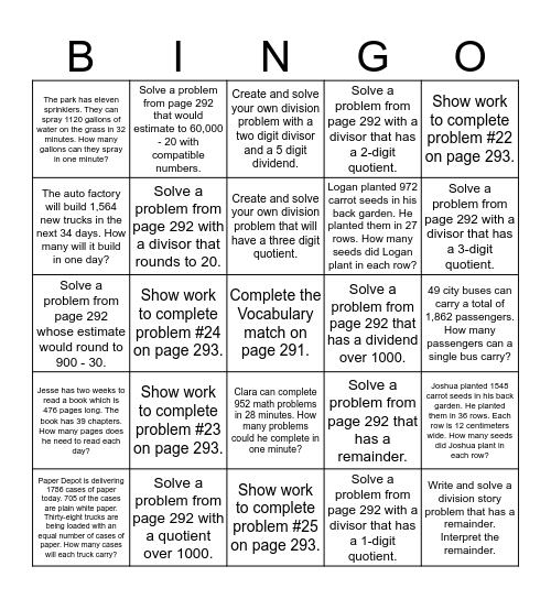 My Math Unit 4 Review Bingo Card