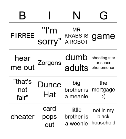 Zathura Bingo Card
