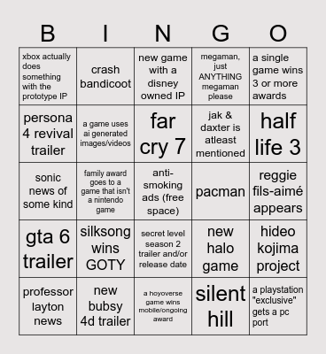 Game Awards 2025 Bingo Card