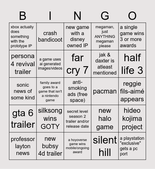 Game Awards 2025 Bingo Card