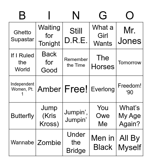 90's HITS Bingo Card