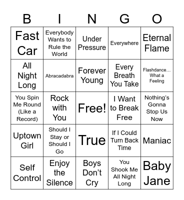 All Out 80's Bingo Card