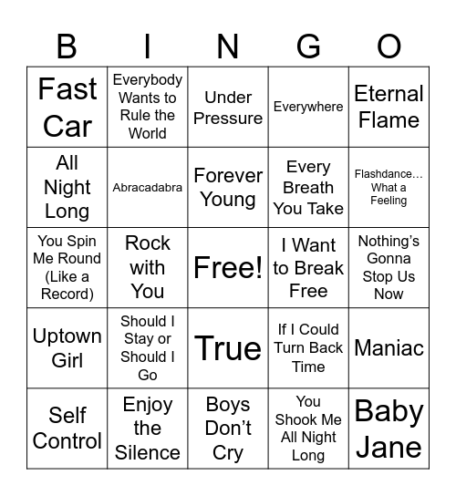 All Out 80's Bingo Card