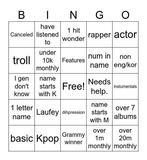 Music Bingo Card
