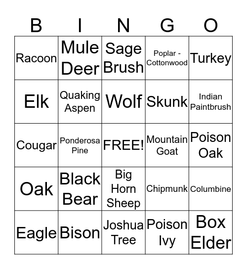 Utah Wildlife and Plants Bingo Card
