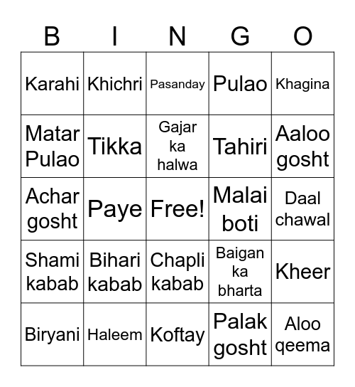 Pakistani Cuisine Bingo Card